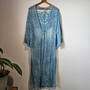 EUC FORGOTTEN GRACE LIGHT BLUE LACE/EMBROIDERED LONG DUSTER KIMONO JACKET S/M
